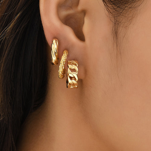 18K Gold Retro Minimalist Earrings Geometric Twist Circle Layered Light-Luxury Hoops