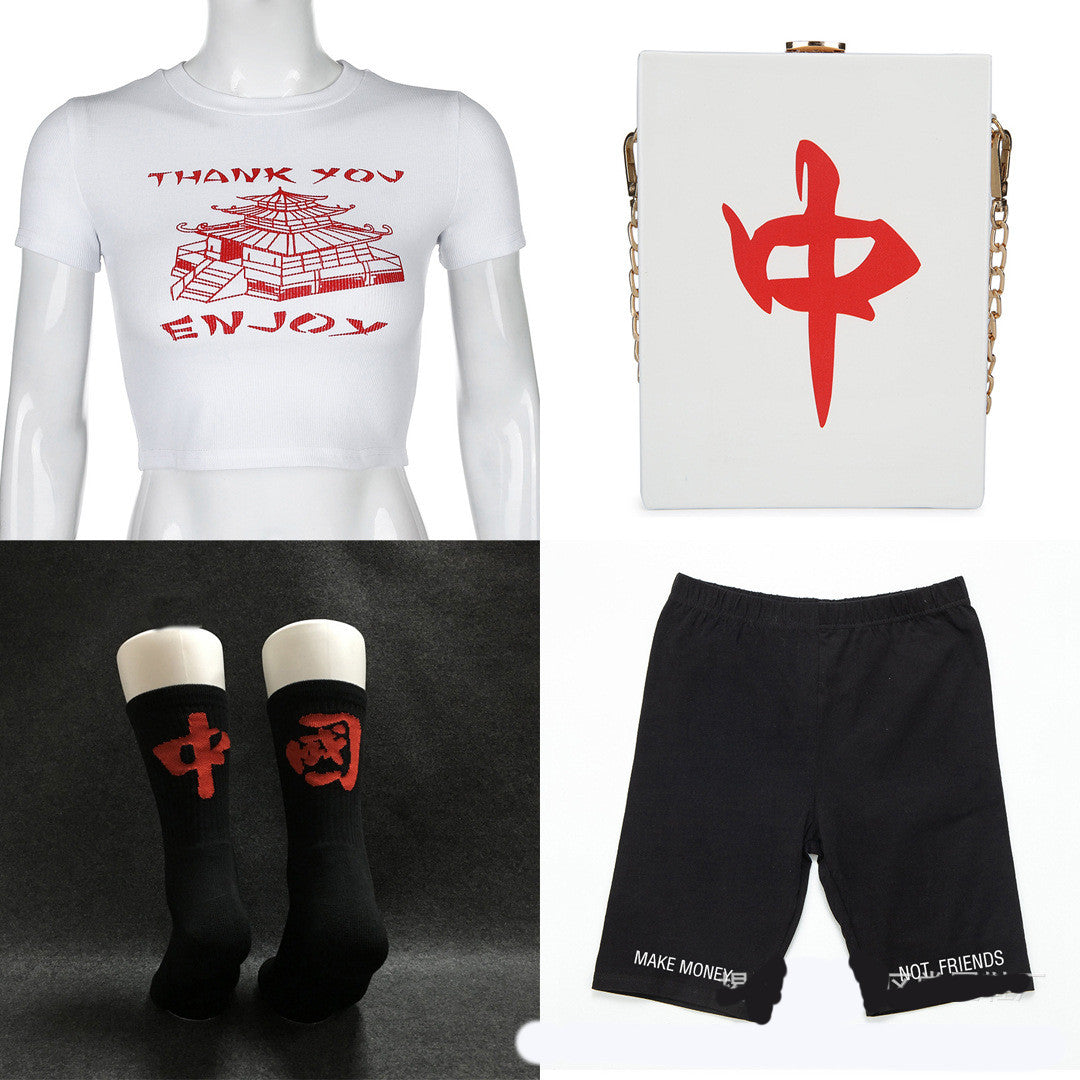 Chinese Style T-shirt Short Round Neck Crop Top