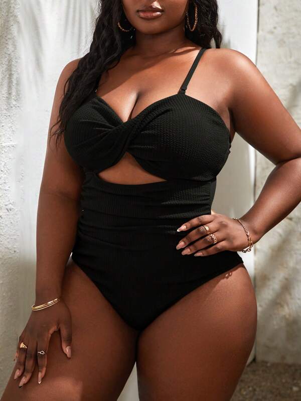 Plus Size Women's Black Slimming Sling Triangle One-piece Swimsuit